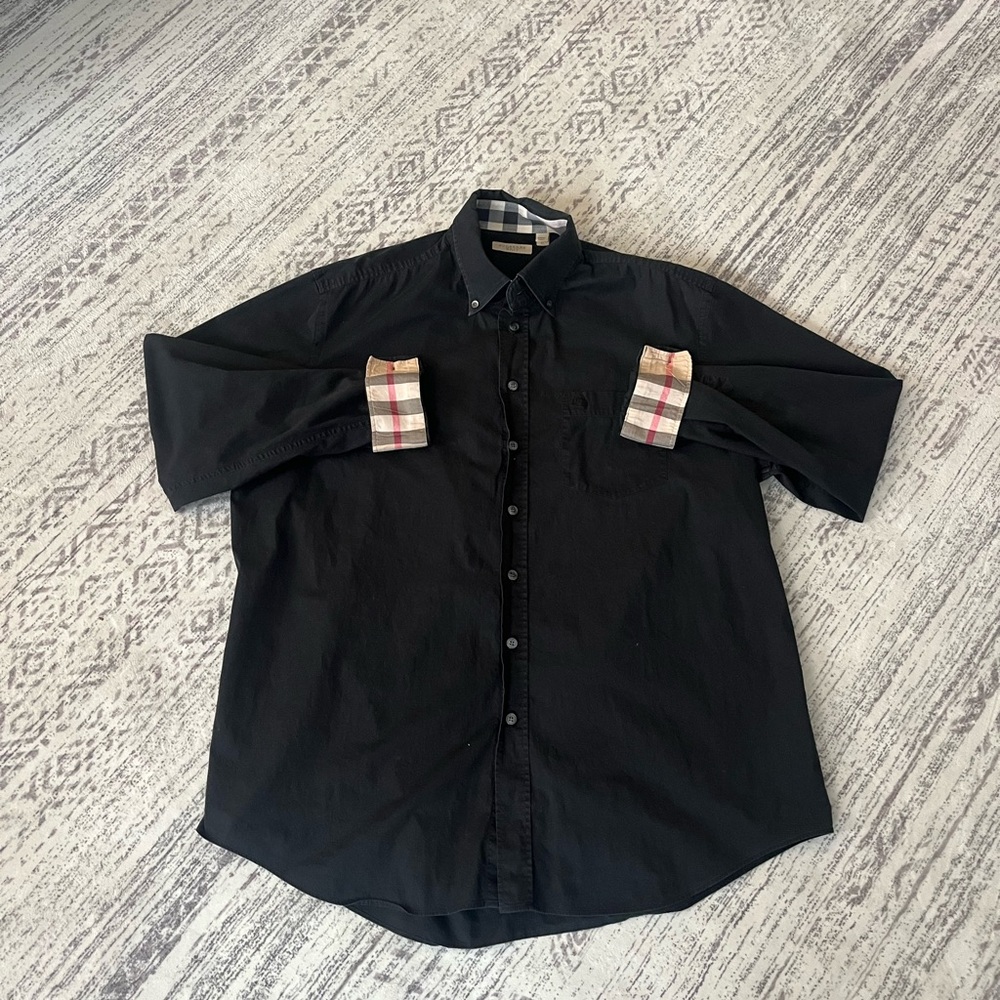 Burberry Brit Shirt Mens XL Black Plaid Nova Check Long Sleeve Flip Cuff Button